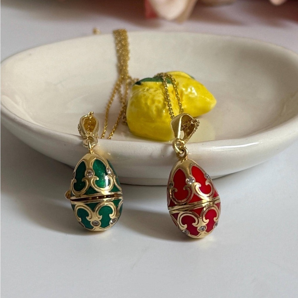 Egg Pendant Faberge Style Sterling Silver Gold Plated Green